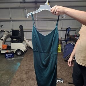 Teal Satin Spaghetti Strap Slip Dress